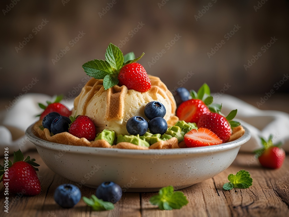 Delicious Ice Cream Dessert with Strawberries Blueberries and Mint in Waffle Bowl Delicious Ice Cream Dessert with Strawberries Blueberries and Mint in Waffle Bowl