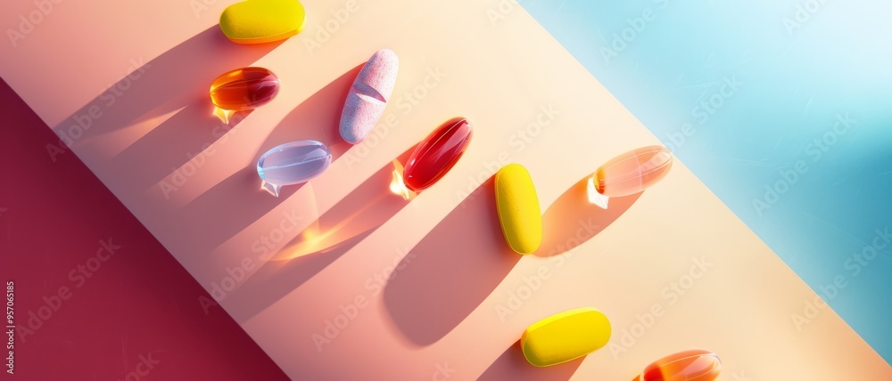 Colorful capsules and tablets arranged on a gradient surface, casting long shadows under bright light, suggesting a focus on health and wellness. Colorful capsules and tablets arranged on a gradient surface, casting long shadows under bright light, suggesting a focus on health and wellness.