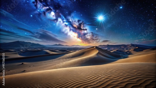 Mysterious dark desert landscape at dusk, with endless dunes of fine sand stretching towards the horizon, under a deep blue star-studded night sky. photo