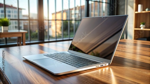 A sleek notebook computer lies on a desk, its slender profile and minimalist design exuding a sense of sophistication and contemporary style.