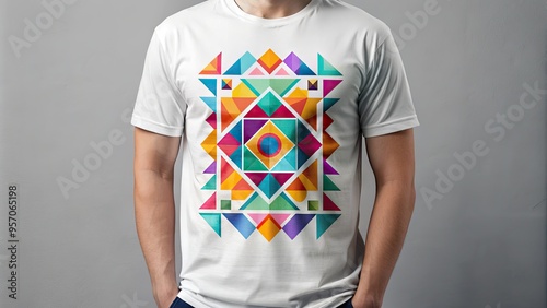 Vibrant colorful graphic design on a white t-shirt, showcasing a stylized geometric pattern with bold shapes and lines, perfect for modern fashion and trends. photo