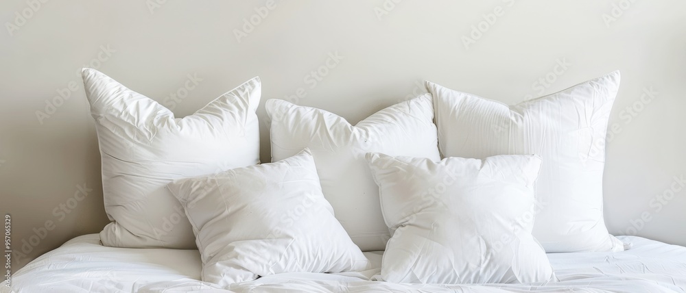 Plush white pillows arranged neatly on a white bed, creating a simple and airy bedroom aesthetic with a focus on comfort and coziness in a modern setting. Plush white pillows arranged neatly on a white bed, creating a simple and airy bedroom aesthetic with a focus on comfort and coziness in a modern setting.