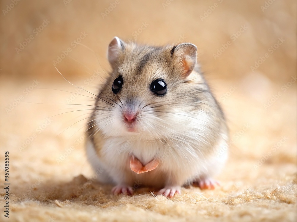 A small Chinese hamster with a rounded head and delicate features sits upright on a beige surface, its thin tail curled around its body. A small Chinese hamster with a rounded head and delicate features sits upright on a beige surface, its thin tail curled around its body.
