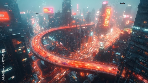 megacity at night aerial view neonlit highways holographic billboards flying vehicles cyberpunk urban sprawl photo