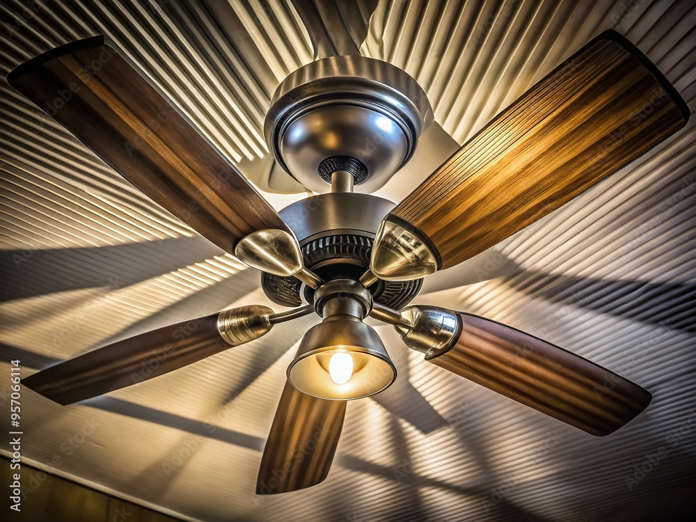 A spinning ceiling fan's multiple blades cast dynamic shadows on the ...
