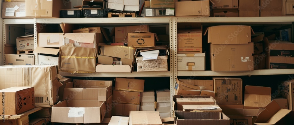 Stacked shelves of cardboard boxes in a storage room create an organized yet cluttered scene. Stacked shelves of cardboard boxes in a storage room create an organized yet cluttered scene.