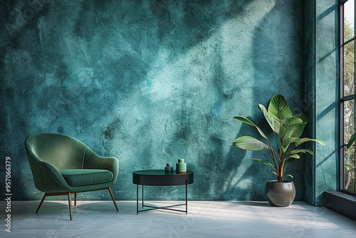 A 3D rendering of a reception lobby or lounge interior with a luxurious and cozy living room featuring a green chair, black table, and an empty teal wall made of microcement or concrete texture plaste photo