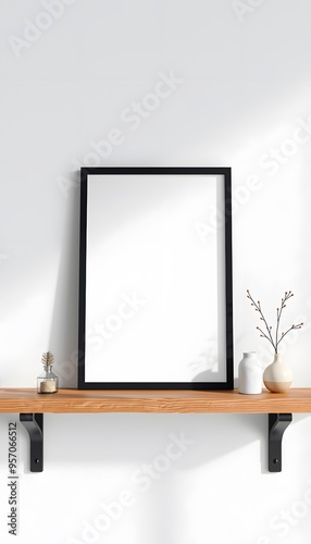 Single 8x10 Vertical Black Frame mockup on a wooden shelf on loft style brackets and decorations. 3D Rendering isolated with white highlights, png photo