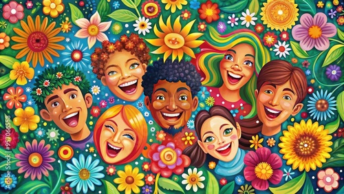 Vibrant, colorful illustration of diverse smiling faces, surrounded by bright flowers and swirling patterns, exuding warmth, joy, and playful energy, perfect for uplifting and inspiring designs. photo