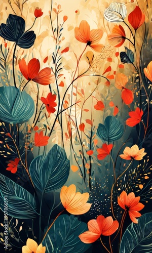 beautiful floral background with tropical plants and flowers