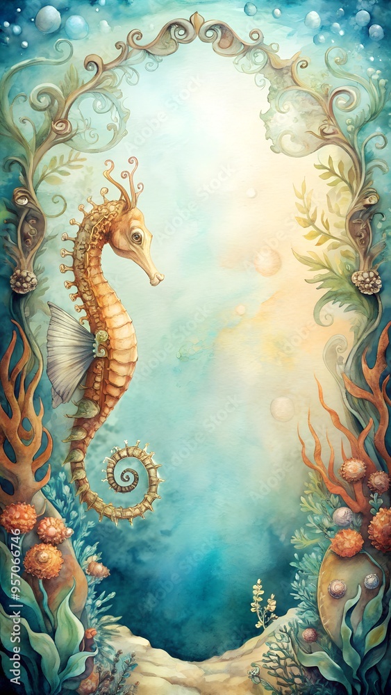 Fototapeta premium Ornate Seahorse Framed by Decorative Coral and Seaweed in Fantasy Underwater Scene
