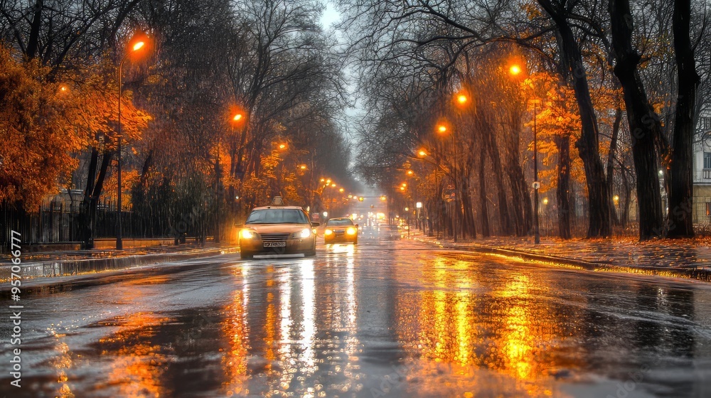 At twilight, a rainy cityscape lined with autumn trees reflected in wind-blown gold leaves on wet pavement shimmers with moody atmospheric lighting At twilight, a rainy cityscape lined with autumn trees reflected in wind-blown gold leaves on wet pavement shimmers with moody atmospheric lighting
