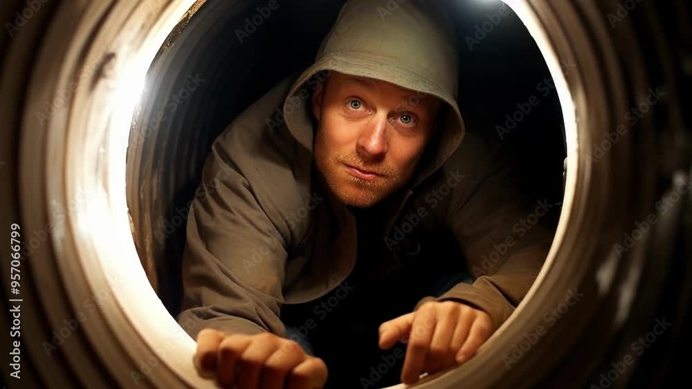 Construction worker emerges from a large pipe, climbing out and looking ahead in the underground scene Construction worker emerges from a large pipe, climbing out and looking ahead in the underground scene