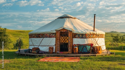 An elegantly decorated yurt with high-end camping equipment, positioned in a beautiful natural landscape.