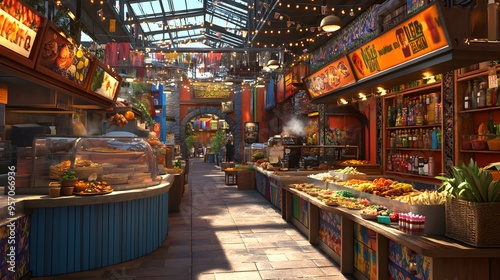 A bustling food market with colorful stands and 3D-rendered tacos filled with fresh ingredients