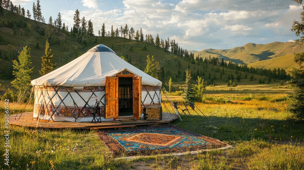 An elegantly decorated yurt with high-end camping equipment, positioned in a beautiful natural landscape. An elegantly decorated yurt with high-end camping equipment, positioned in a beautiful natural landscape.