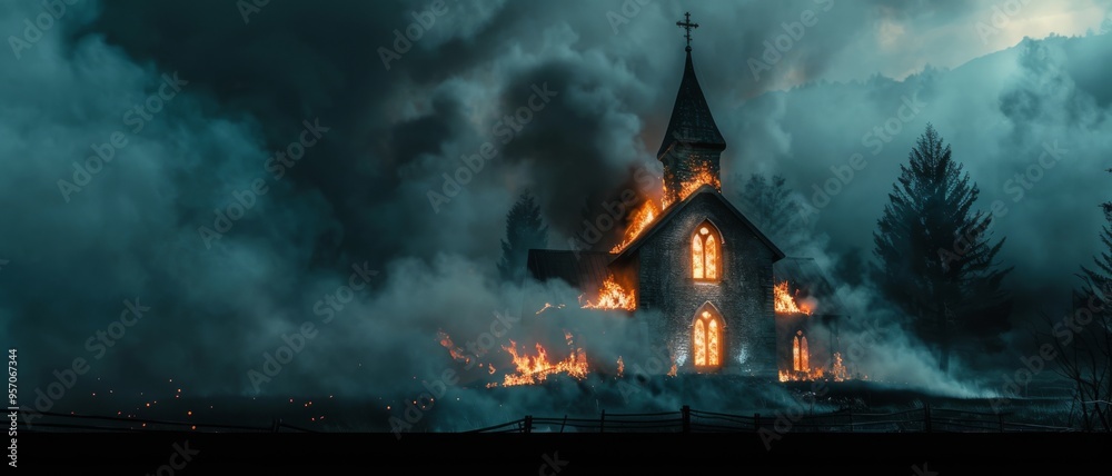 A historic church engulfed in thick smoke and flames under a stormy sky, creating a haunting and apocalyptic scene. A historic church engulfed in thick smoke and flames under a stormy sky, creating a haunting and apocalyptic scene.