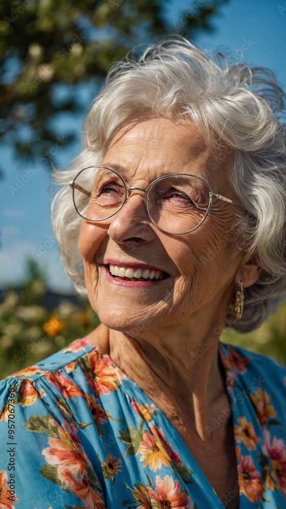 Elderly Caucasian woman with short gray hair and glasses, smiling warmly against blurred nature background Elderly Caucasian woman with short gray hair and glasses, smiling warmly against blurred nature background