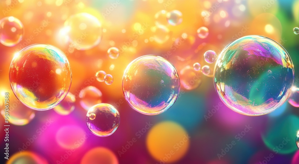 Colorful soap bubbles floating in the air against a colorful background ...