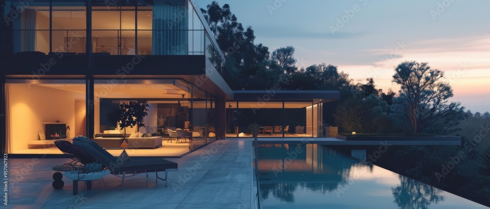 Naklejka premium Elevated architectural marvel with extensive glass facades, an infinity pool, and lush forest surroundings at dusk, perfectly blending modern luxury with natural beauty.