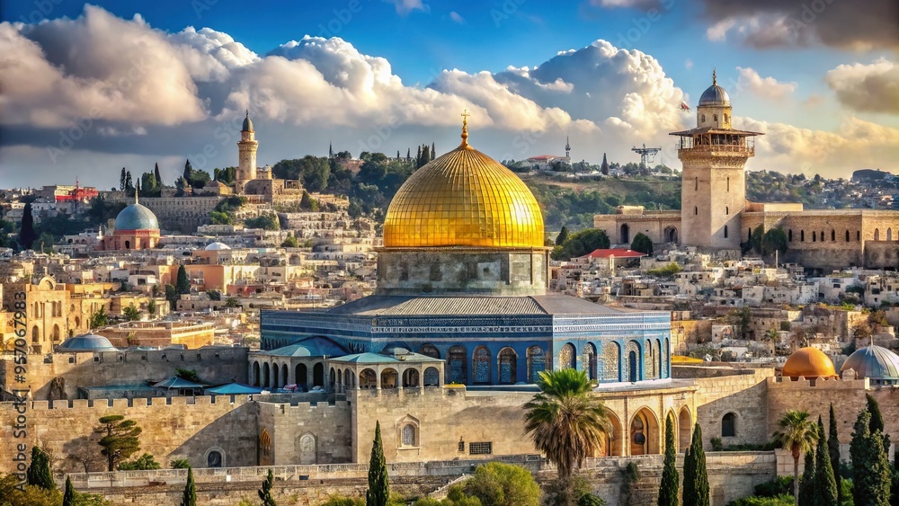 Naklejka premium At the heart of Jerusalem, the Temple Mount stands as a sacred site for Jews, Muslims, and Christians, dominated by the golden Dome of the Rock.