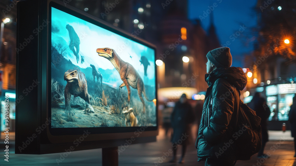 Dinosaur Cityscape: A Nighttime Encounter with Prehistoric Giants