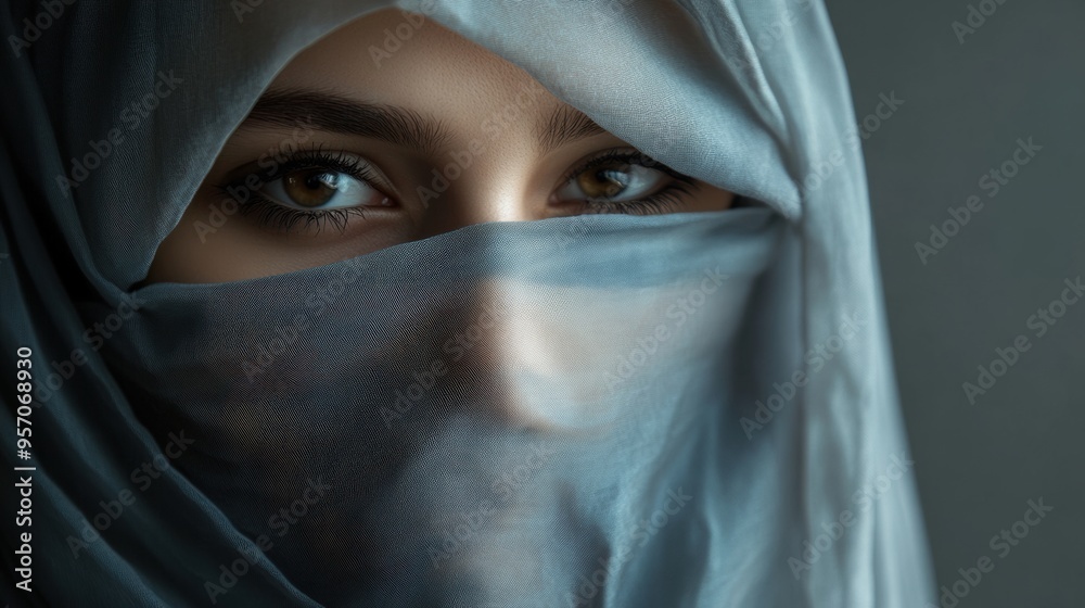 Mysterious and Evocative Veiled Woman Portrait with Intense Gaze Mysterious and Evocative Veiled Woman Portrait with Intense Gaze