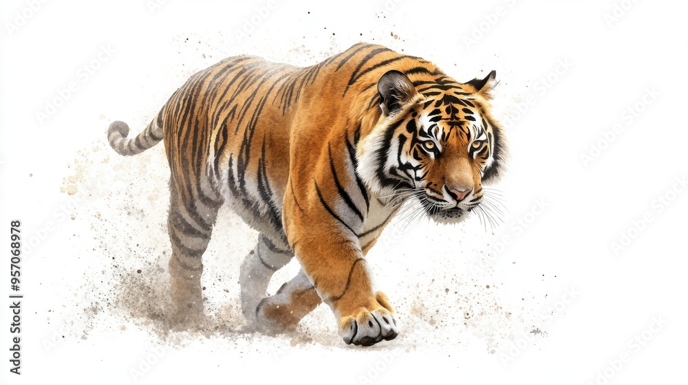 Fototapeta premium A majestic tiger prowls through a misty landscape, showcasing its powerful physique and striking orange fur.