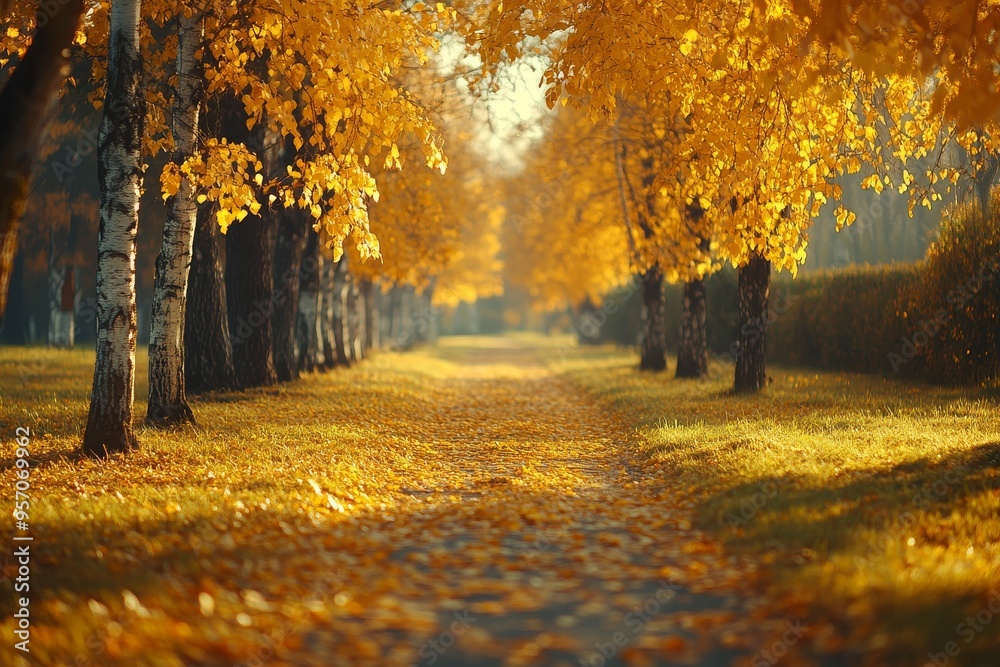 Fototapeta premium Fallen leaves and golden fall trees in an autumn alley with bokeh background