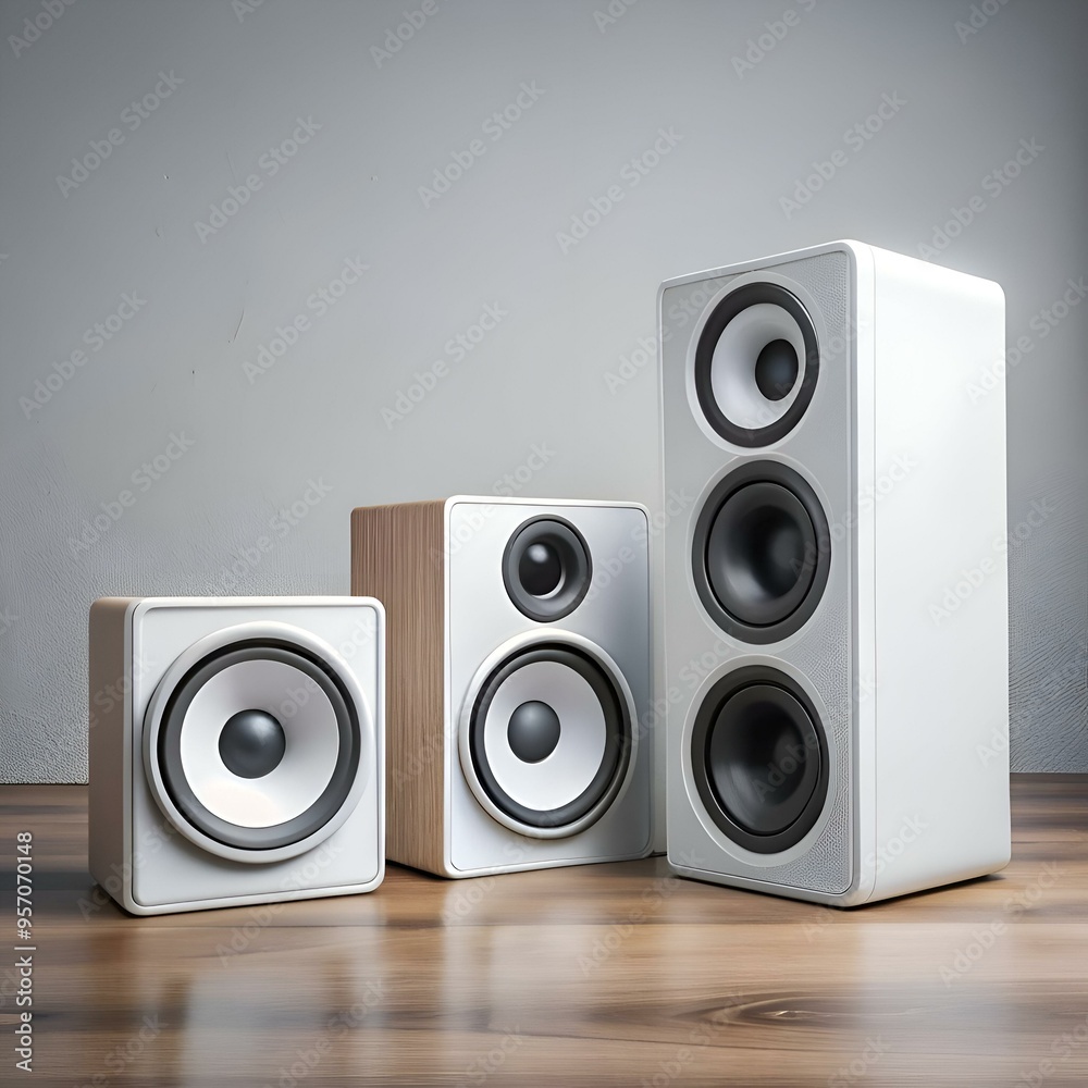 A set of three modern speakers in white and wood finishes. arranged in a simple and elegant composition on a wooden surface. A set of three modern speakers in white and wood finishes. arranged in a simple and elegant composition on a wooden surface.