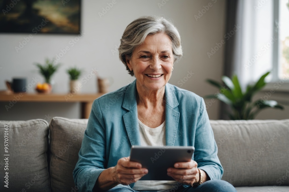 Happy mature older woman using digital tablet sitting on couch at home