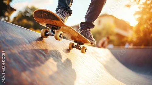 Skateboarder Performing Trick on Ramp at Sunset photo