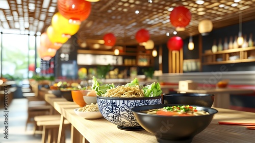 A lively market atmosphere with bright colors and 3D-rendered bowls of ramen and pho