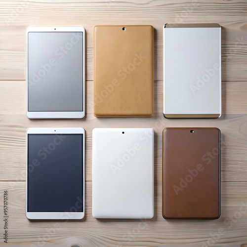 Six tablets arranged in a row on a wooden surface. offering a versatile set of mockups for showcasing app designs. website layouts. or product branding.