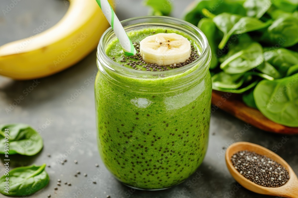 Green Smoothie with Banana and Chia Seeds in a Glass Jar Green Smoothie with Banana and Chia Seeds in a Glass Jar