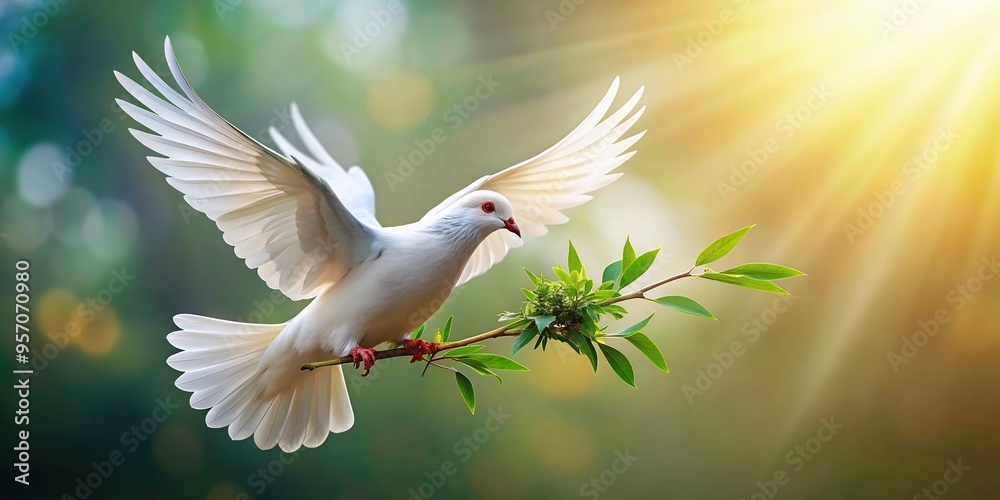 A white dove with an olive branch, an international emblem of peace and serenity, conveying harmony and hope to all nations. A white dove with an olive branch, an international emblem of peace and serenity, conveying harmony and hope to all nations.