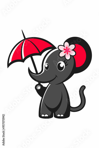 Logo, minimalist-style logo of an elephant holding a pink flower on its head and a red umbrella, a white background,. Summer Baby Elephant SVG Cut File Clipart Silhouette