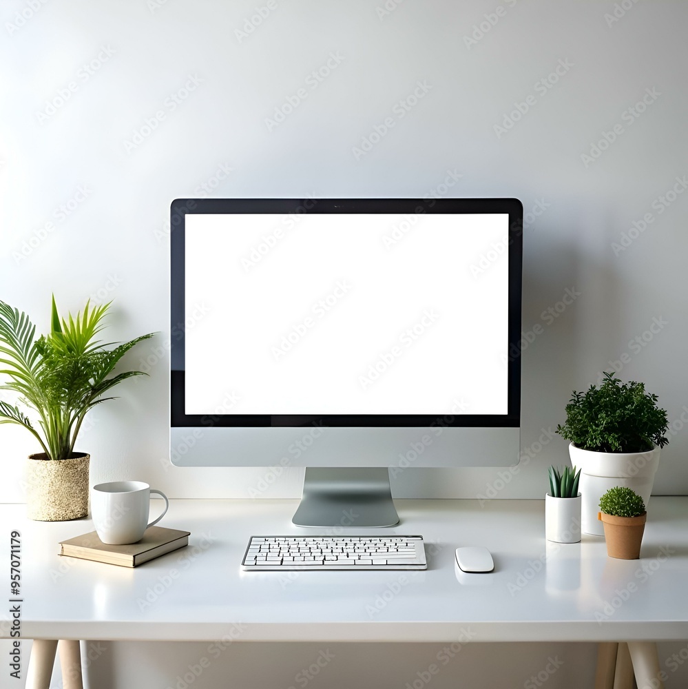 Fototapeta premium Modern desktop workspace with a blank computer screen. ready for your message.
