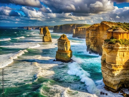 A windswept coastline shaped by ocean currents, sculpted by relentless forces, stands as a powerful reminder of nature's unyielding might. photo