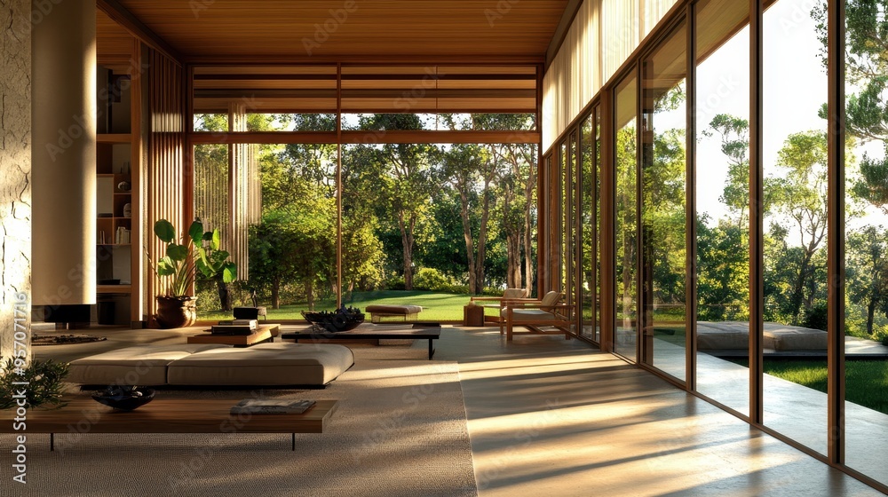 Serene Interior Design with Natural Wood and Expansive Windows Connecting to Lush Green Surroundings Serene Interior Design with Natural Wood and Expansive Windows Connecting to Lush Green Surroundings