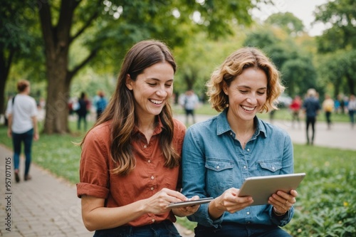 Park, woman and laugh planning with tablet for volunteer teamwork, community project or nature sustainability photo