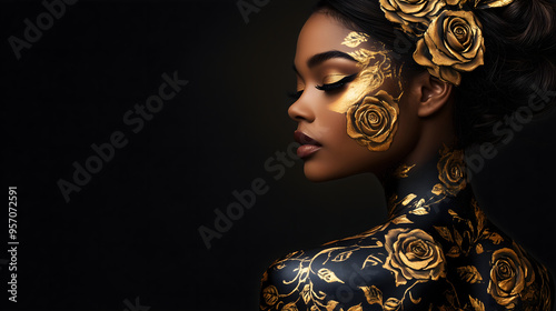 portrait of an african american naked woman covered with golden paint makeup; gorgeus young woman with confident, serious face expression; black background; copy space photo