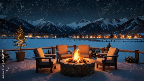 chairs and fireplace on the terrace with a village and mountains in the background. Seamless looping 4k video animation