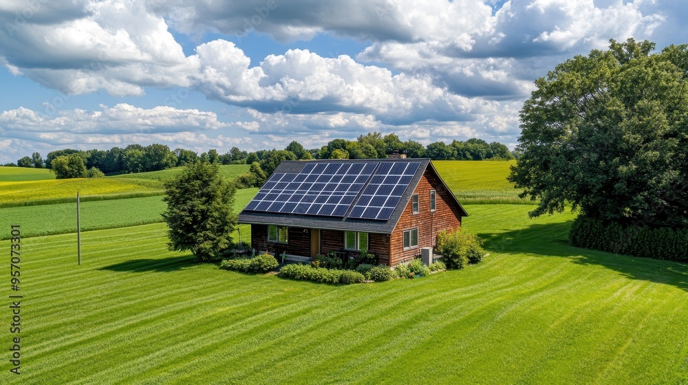 Eco-Friendly Living: Solar Panels on Rural Home Amid Green Fields and Trees Eco-Friendly Living: Solar Panels on Rural Home Amid Green Fields and Trees