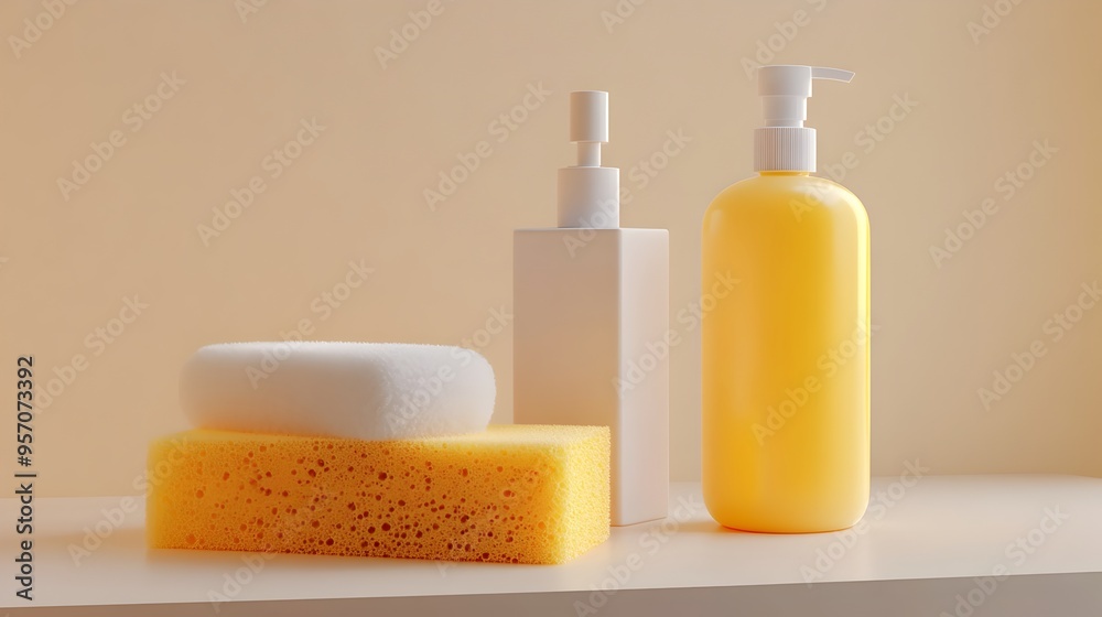 Stylized Car Wash Banner with Sculpted Sponges and Gleaming Soap Container on Ivory Backdrop Stylized Car Wash Banner with Sculpted Sponges and Gleaming Soap Container on Ivory Backdrop