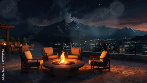 chairs and fireplace on the terrace with a village and mountains in the background. Seamless looping 4k video animation