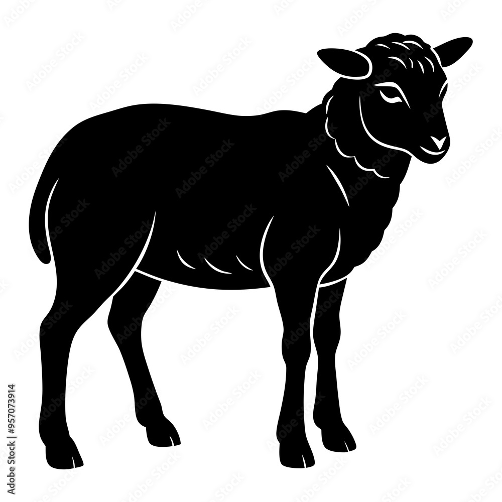 Black Grazing Sheep Silhouette Vector Illustration