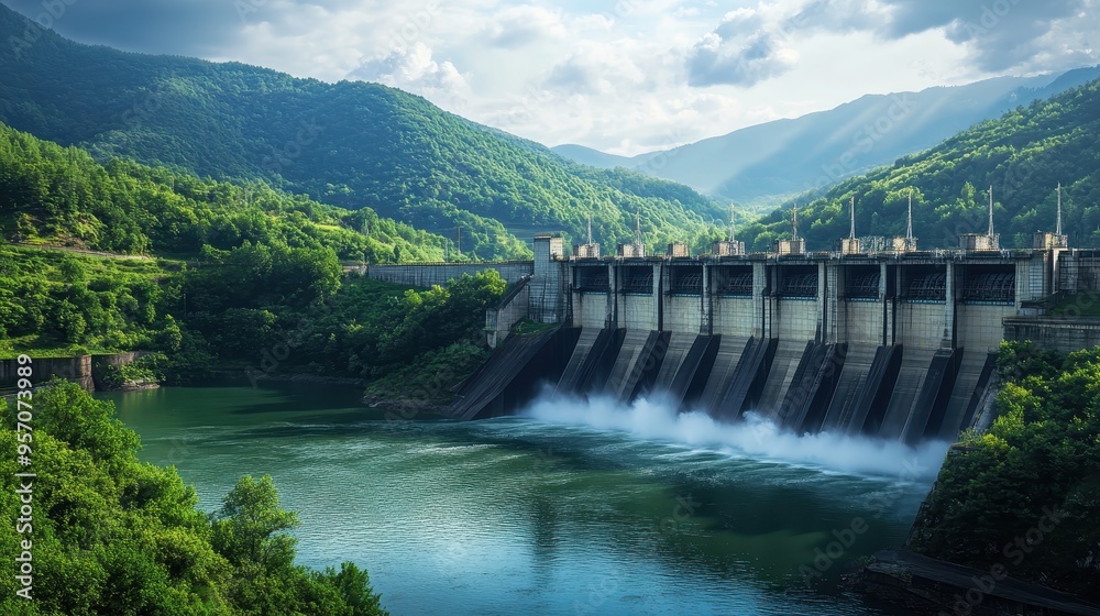 Majestic Hydroelectric Dam in Lush Green Landscape Majestic Hydroelectric Dam in Lush Green Landscape