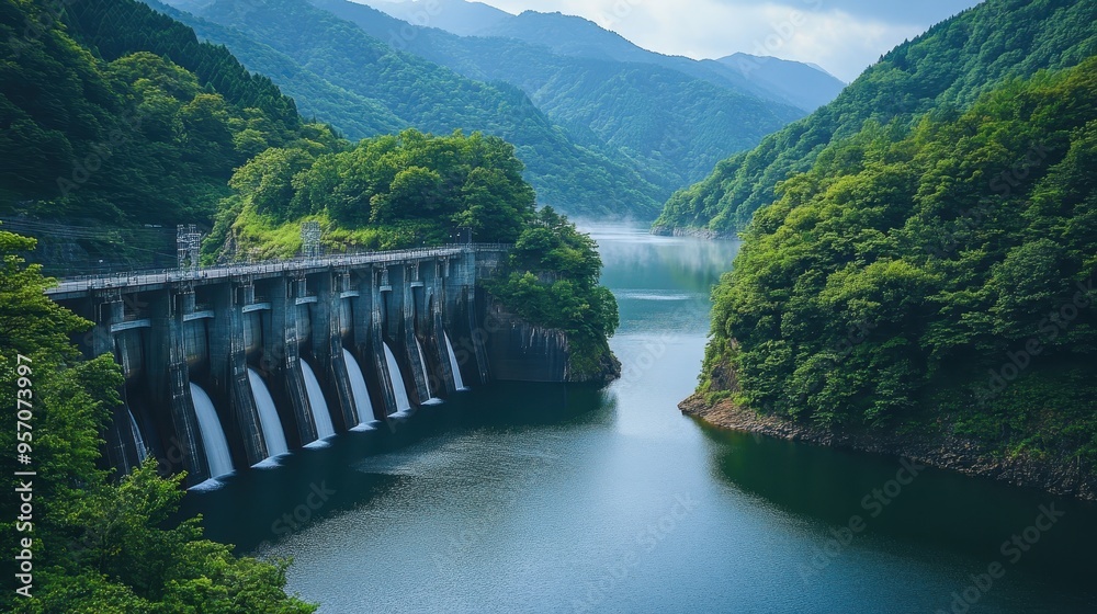 Majestic Hydroelectric Dam in Lush Green Landscape Majestic Hydroelectric Dam in Lush Green Landscape