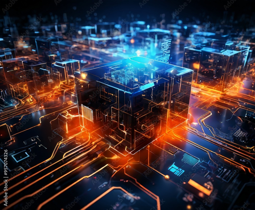 futuristic city with glowing lights and blue cube futuristic city with glowing lights and blue cube